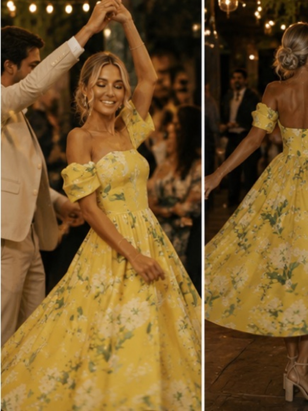 Sunny Yellow Off-Shoulder Floral Midi Dress، rare to find it - Picture 15 of 16